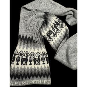 Alpaca Fair Isle Knit Scarf Hat Combo One Piece Gray Peru Winter Ski Peruvian
